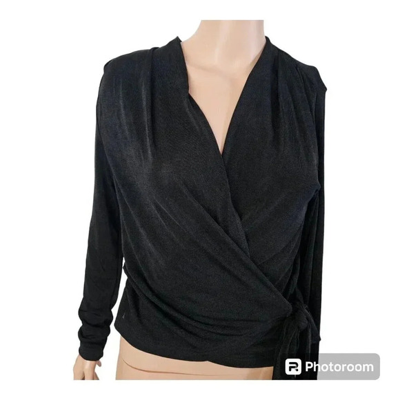 Jollycode Women's Wrap V Neck Long Sleeve Tie Knot Dressy Sexy Size M Black - Picture 2 of 7